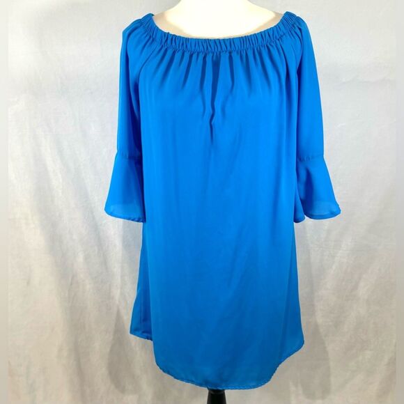 Blue on or off shoulder bell sleeve dress size medium - Picture 5 of 6